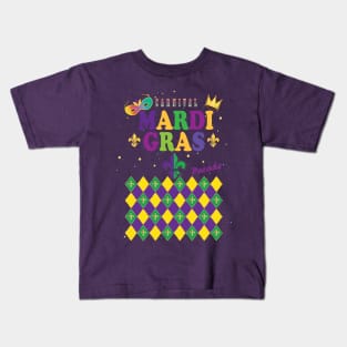 Mardi Gras Carnival Festive Geometrical Fleur de Lis Rhombus Arrangement Pattern, Green, Yellow, Purple color, Festival Party Decoration. Modern Art Kids T-Shirt